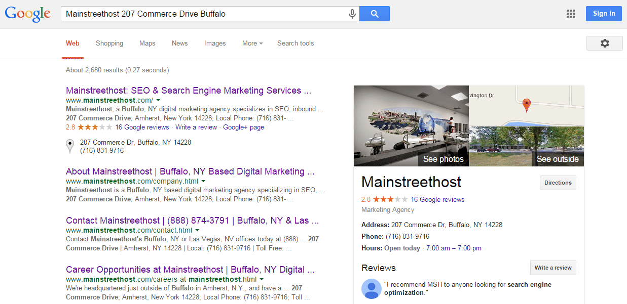 Mainstreethost Google Search Result