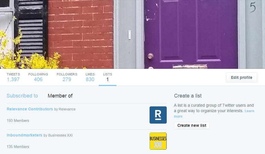 'Edit profile' Button on the Right Side Twitter Lists Menu Tab