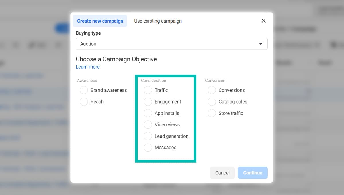Facebook Ads Consideration Objective Options
