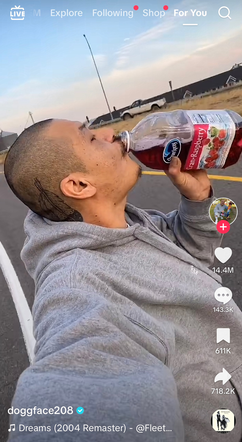 TikTok with user doggface208 longboarding and drinking ocean spray cranberry juice while listing to Dreams by Fleetwood Mac