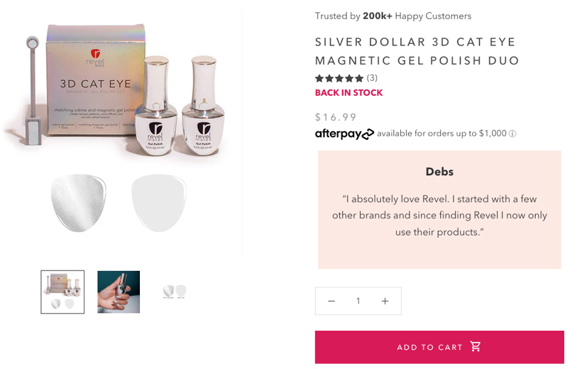 Product page for the silver dollar 3D cat eye magnetic gel polish duo with a customer review stating, "I absolutely love Revel. I started with a few other brands and since finding Revel I now only use their products."