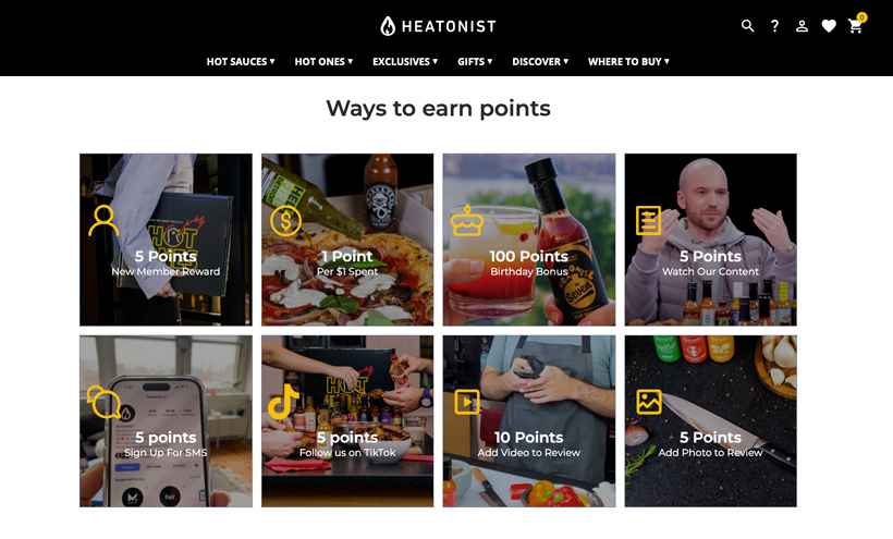 Heatonist website listing out the many ways to earn points in their Sauciety reward program like 5 points when you sign up for SMS and 10 points when you addd a video to your review.