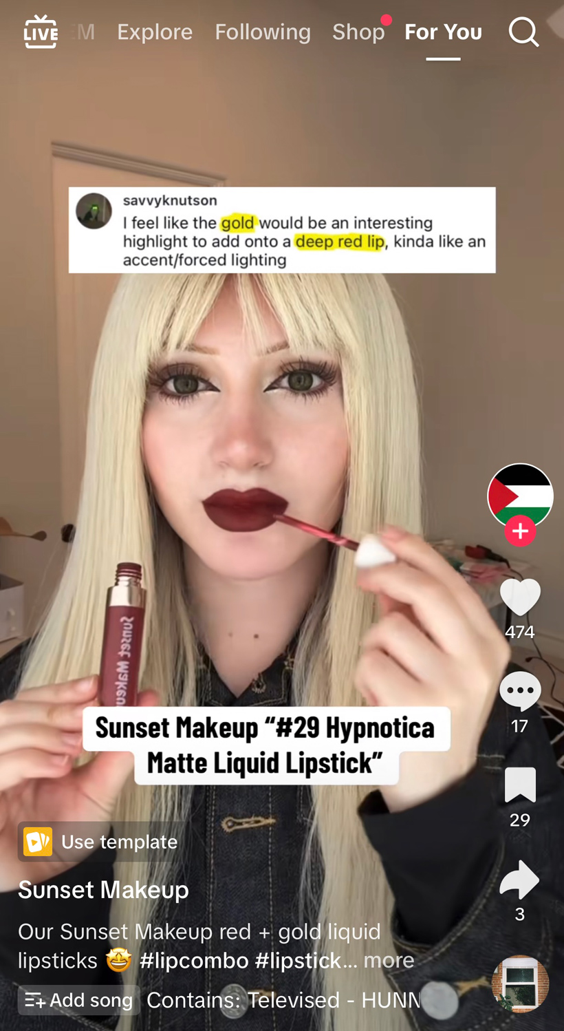 Sunset Makeup TikTok account creating a new video responding to the following user comment: "I feel like the gold would be an interesting highlight to add onto a deep red lip, kinda like an accent/forced lighting"