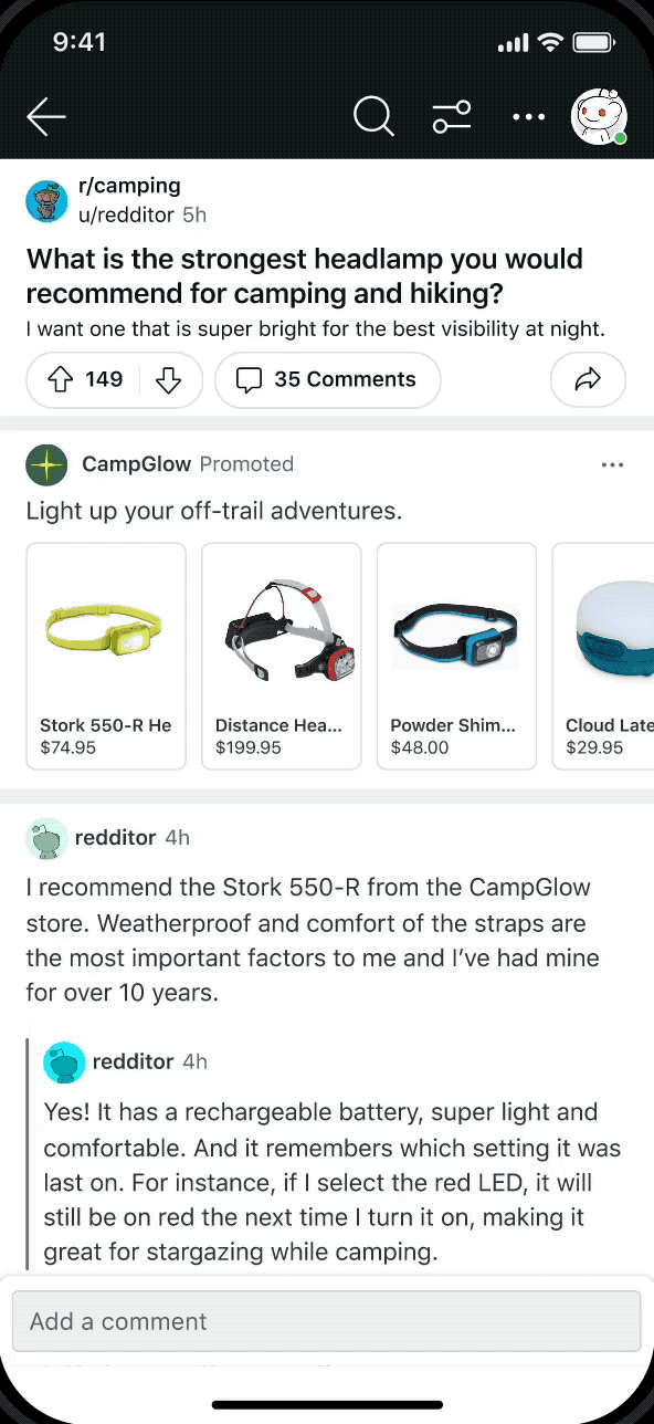 A Reddit shopping ad for CampGlow, located above the comment section below a post, showcasing the catalogue of different products being advertised